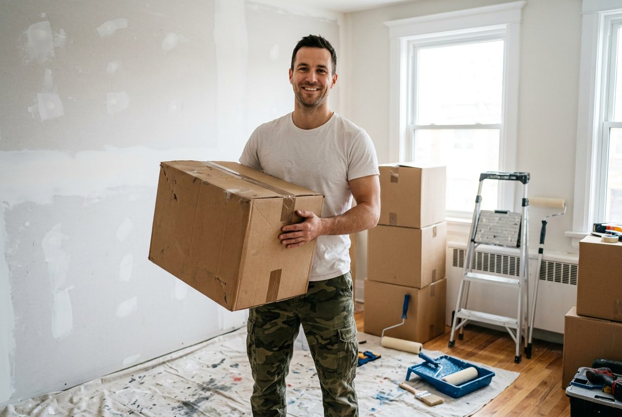 Man in a white t-shirt and military pants carrying a moving box in an apartment under renovation